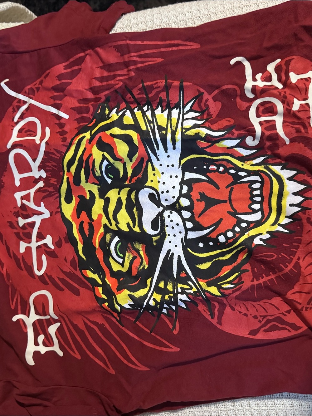 Ed Hardy Red Tee with Multicolor Roaring Tiger Graphic